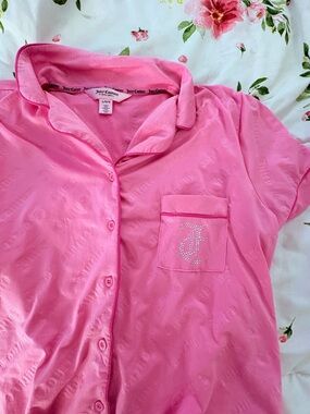 Juicy Couture Hot Pink Satin Logo Pocket Button-Up